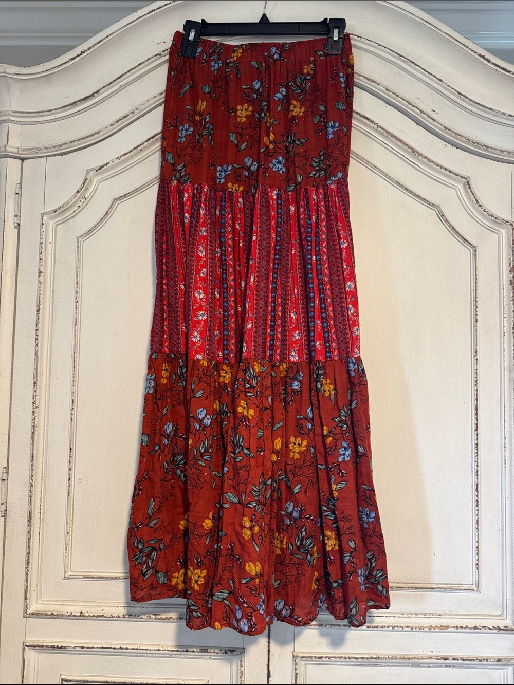 easel Rust Red Floral & Stripe Patchwork Maxi Skirt